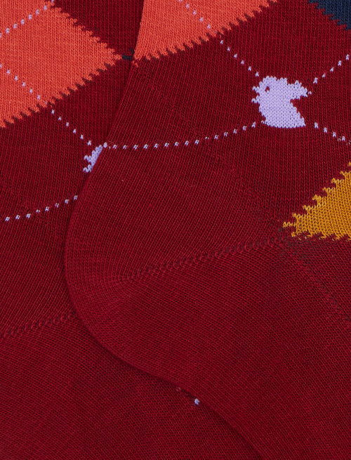 Women's long burgundy cotton socks with inlay motif - Socks | Gallo 1927 - Official Online Shop