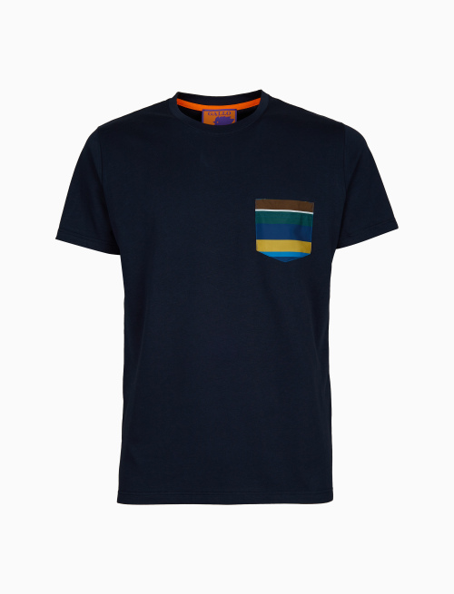 Men's plain blue cotton T-shirt with multicoloured breast pocket | Gallo 1927 - Official Online Shop