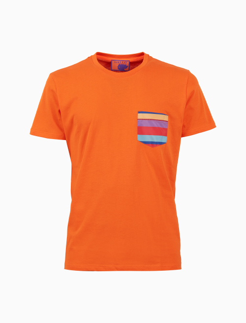 Men's plain orange cotton T-shirt with multicoloured breast pocket - New In | Gallo 1927 - Official Online Shop