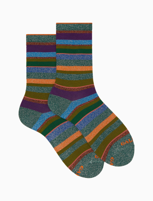 Women's short green cotton socks with multicoloured lurex stripes - Multicolor | Gallo 1927 - Official Online Shop