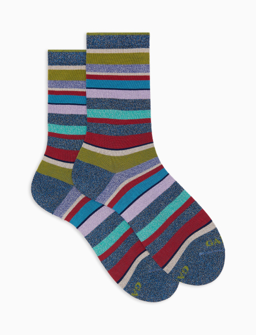 Women's short blue cotton and glitter socks with multicoloured stripes - TEST | Gallo 1927 - Official Online Shop