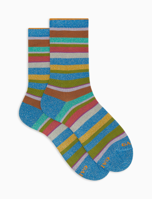 Women's short blue cotton and lurex socks with multicoloured stripes - Short | Gallo 1927 - Official Online Shop