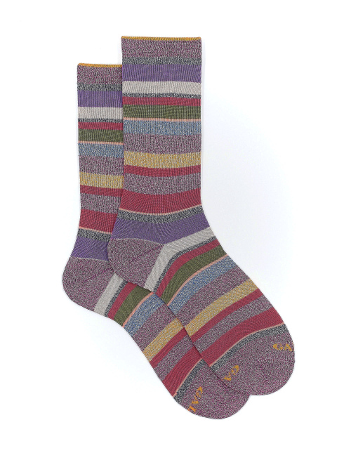 Women's short pink cotton socks with multicoloured lurex and neon stripes - Socks | Gallo 1927 - Official Online Shop