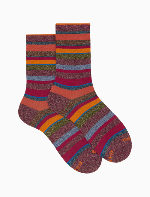 Women's short pink cotton socks with multicoloured lurex stripes - Multicolor | Gallo 1927 - Official Online Shop