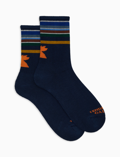 Men's short blue cotton terry cloth socks with multicoloured striped band - Socks | Gallo 1927 - Official Online Shop