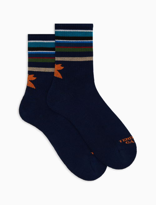 Men's short blue cotton terry cloth socks with multicoloured striped band - Socks | Gallo 1927 - Official Online Shop