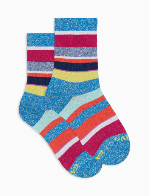 Kids' short aegean blue cotton socks with multicoloured lurex and neon stripes - Socks | Gallo 1927 - Official Online Shop