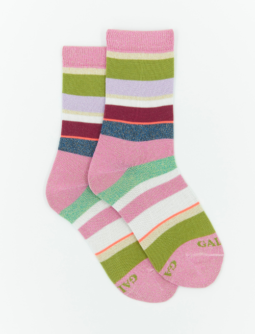 Kids' short rose petal cotton socks with multicoloured lurex and neon stripes - Socks | Gallo 1927 - Official Online Shop