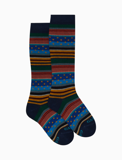 Kids' long blue cotton socks with stripes and polka dots - Long | Gallo 1927 - Official Online Shop