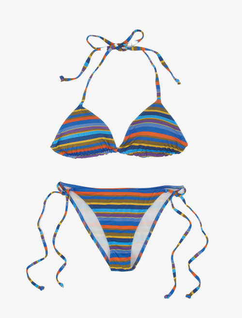 Women's periwinkle blue polyamide triangle bikini with multicoloured stripes - Beachwear | Gallo 1927 - Official Online Shop