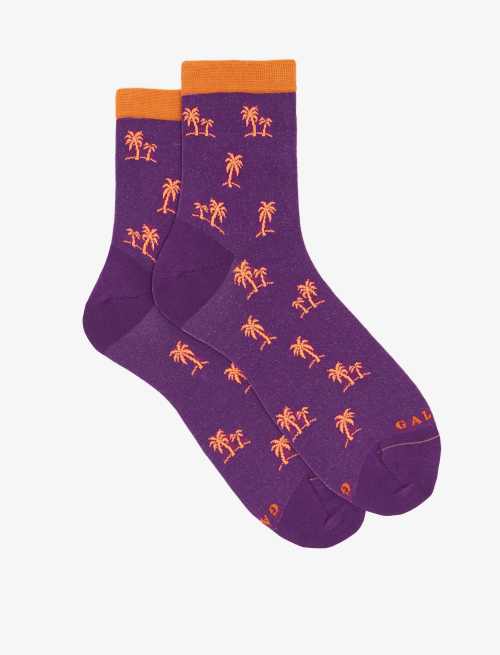 Women's super short ultra-light cotton socks with palm-tree motif, violet - Socks | Gallo 1927 - Official Online Shop
