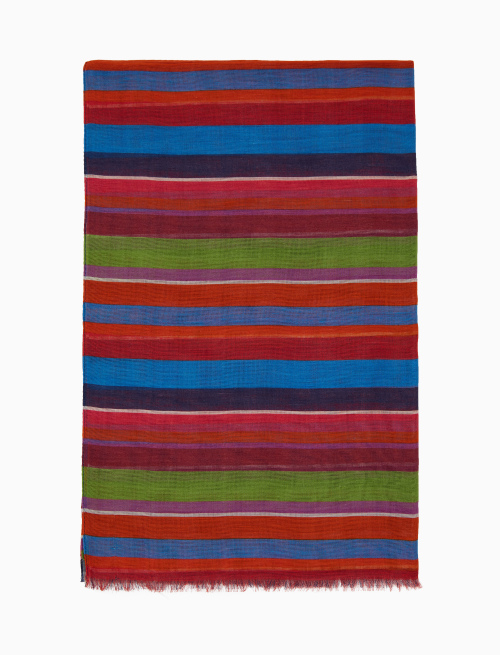 Unisex light blue cotton/linen/viscose scarf with multicoloured stripes - Accessories | Gallo 1927 - Official Online Shop