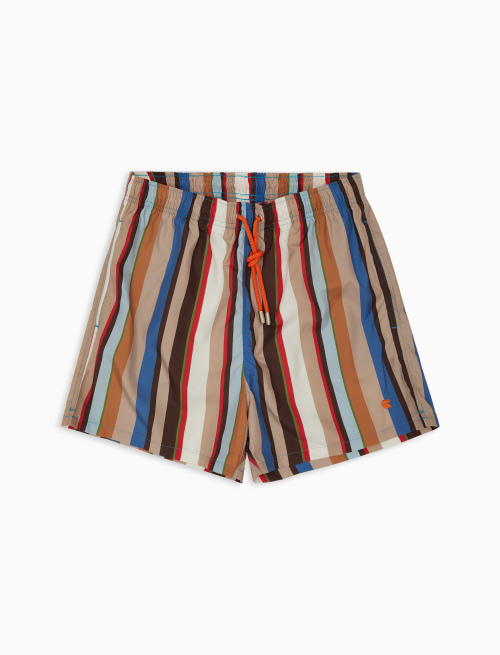 Men's biscuit polyester swimming shorts with multicoloured stripes - The SS Edition | Gallo 1927 - Official Online Shop