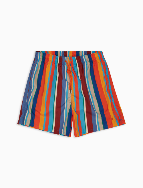 Men's lobster red polyester swimming shorts with multicoloured stripes - Taormina | Gallo 1927 - Official Online Shop