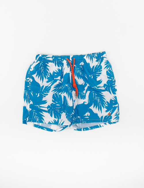 Men's polyester swimming shorts with tropical leaf motif, dragonfly blue - Swimwear | Gallo 1927 - Official Online Shop