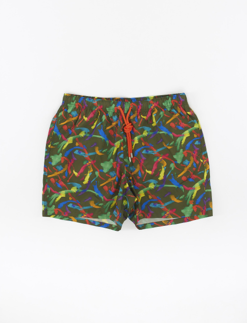 Men's army green polyester swimming shorts with paint splash motif - Swimwear | Gallo 1927 - Official Online Shop
