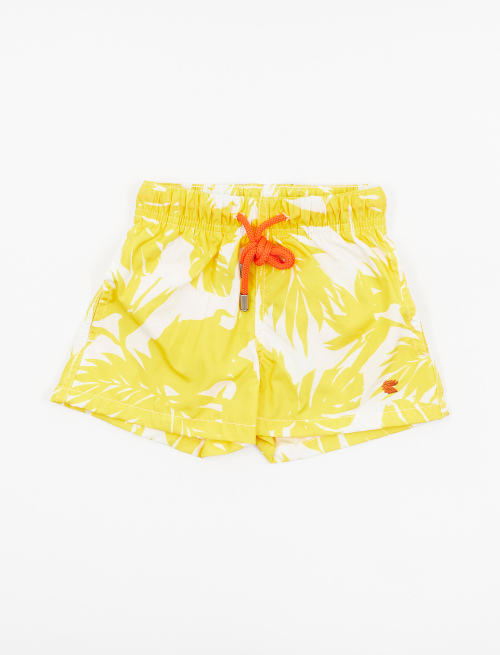 Kids' polyester swimming shorts with tropical leaf motif, daffodil yellow - Beachwear | Gallo 1927 - Official Online Shop