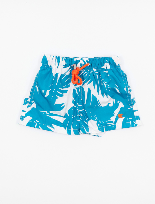 Kids' polyester swimming shorts with tropical leaf motif, dragonfly blue - Beachwear | Gallo 1927 - Official Online Shop