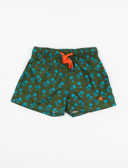 Kids' army green polyester swimming shorts with palm tree motif - Beachwear | Gallo 1927 - Official Online Shop