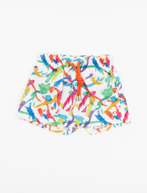 Kids' white polyester swimming shorts with paint splash motif - Beachwear | Gallo 1927 - Official Online Shop