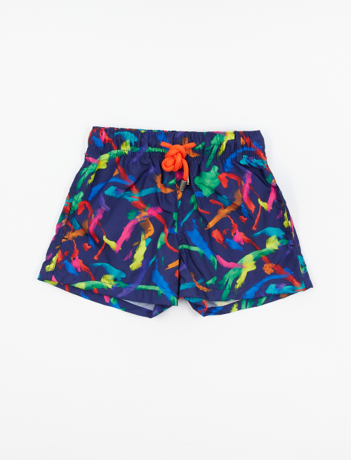 Kids' cobalt blue polyester swimming shorts with paint splash motif - Beachwear | Gallo 1927 - Official Online Shop