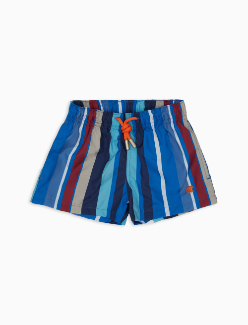 Kids' royal blue polyester swim shorts with multicoloured stripes - Cannes | Gallo 1927 - Official Online Shop
