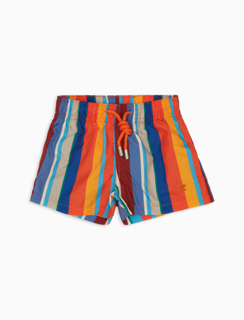 Kids' lobster red polyester swim shorts with multicoloured stripes - Beachwear | Gallo 1927 - Official Online Shop