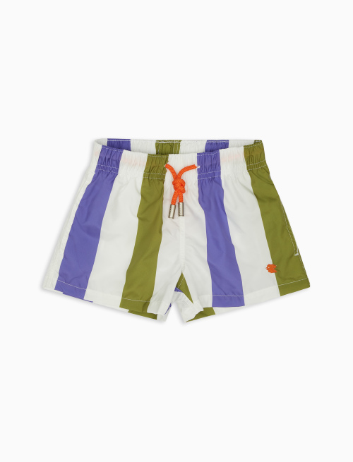 Kids' olive green polyester swimming shorts with tricolour stripes - Beachwear | Gallo 1927 - Official Online Shop