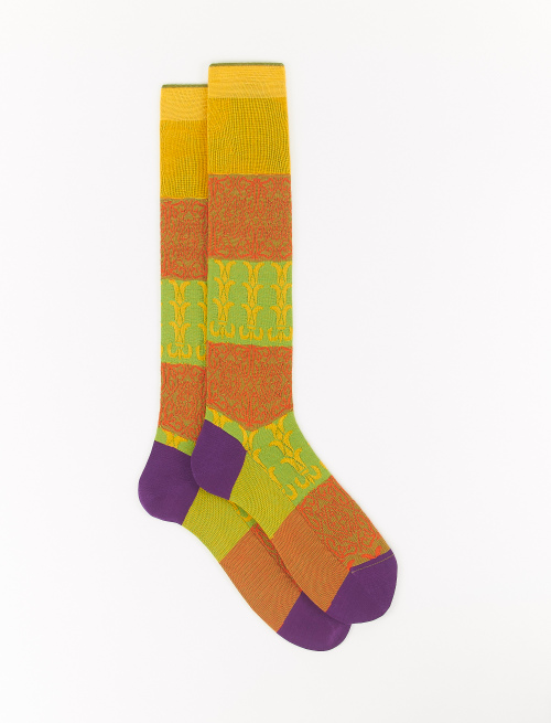 Men's long lobster orange cotton socks with damask motif - Man | Gallo 1927 - Official Online Shop