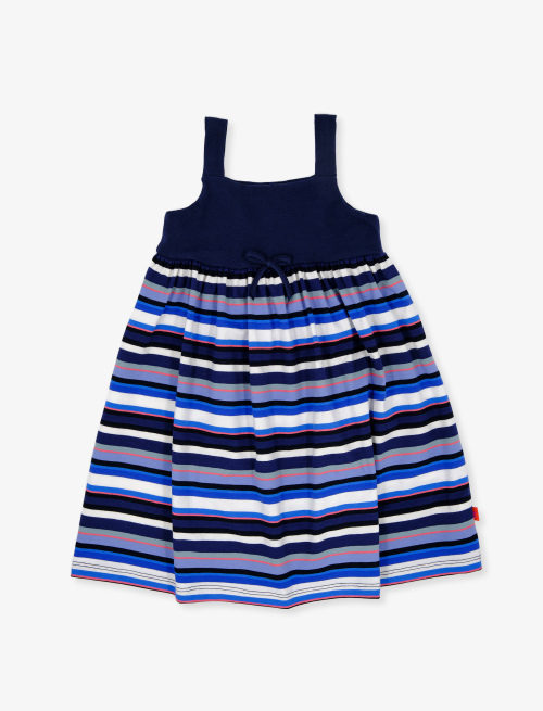 Girls' royal blue cotton dress with shoulder straps and multicoloured stripes - Clothing | Gallo 1927 - Official Online Shop