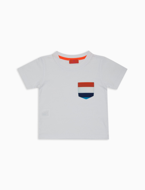 Kids' plain white cotton T-shirt with multicoloured striped breast pocket - Clothing | Gallo 1927 - Official Online Shop