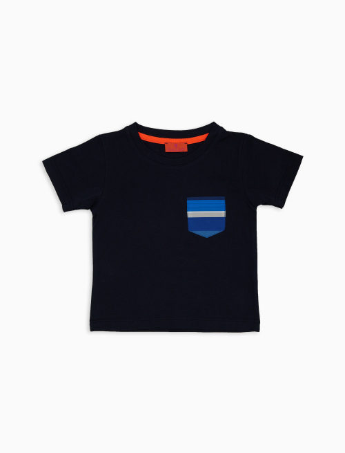 Kids' plain blue cotton T-shirt with multicoloured striped breast pocket - Clothing | Gallo 1927 - Official Online Shop