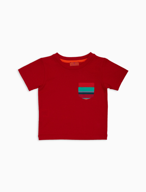 Kids' plain red cotton T-shirt with multicoloured striped breast pocket - Clothing | Gallo 1927 - Official Online Shop