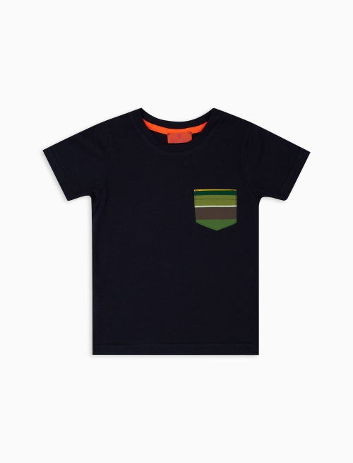 Kids' plain blue cotton T-shirt with pocket and multicoloured stripes - Girl's Clothing | Gallo 1927 - Official Online Shop