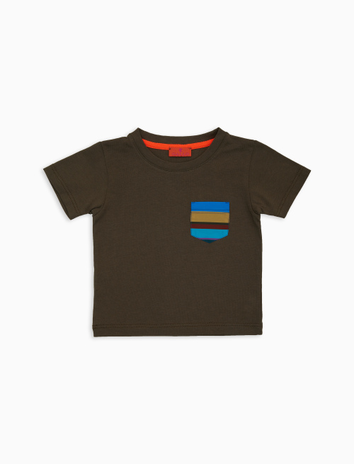 Kids' plain green cotton T-shirt with multicoloured striped breast pocket - Clothing | Gallo 1927 - Official Online Shop