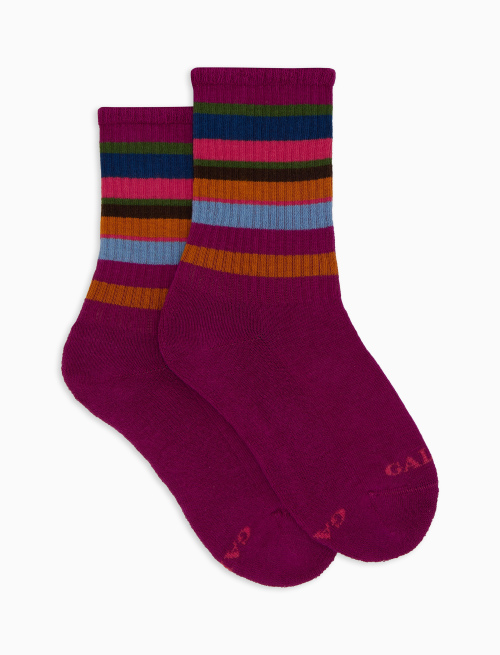 Kids' short socks in fuchsia cotton terry cloth with multicoloured stripes - Short | Gallo 1927 - Official Online Shop