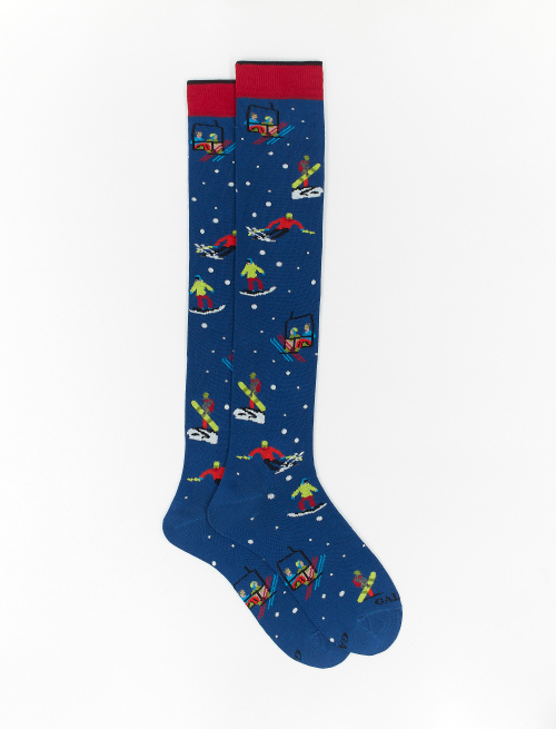 Men's long Prussian blue cotton socks with skier motif - Sales | Gallo 1927 - Official Online Shop