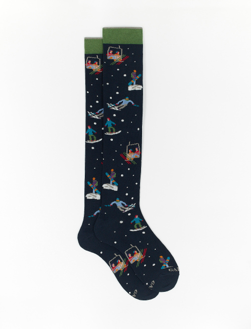 Men's long navy blue cotton socks with skier motif - Sales | Gallo 1927 - Official Online Shop