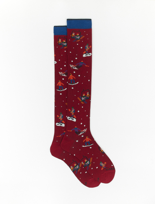 Men's long amaranth cotton socks with skier motif - Man | Gallo 1927 - Official Online Shop