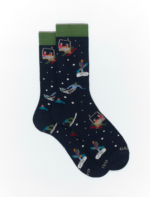 Men's short navy blue cotton socks with skier motif - Special Selection | Gallo 1927 - Official Online Shop
