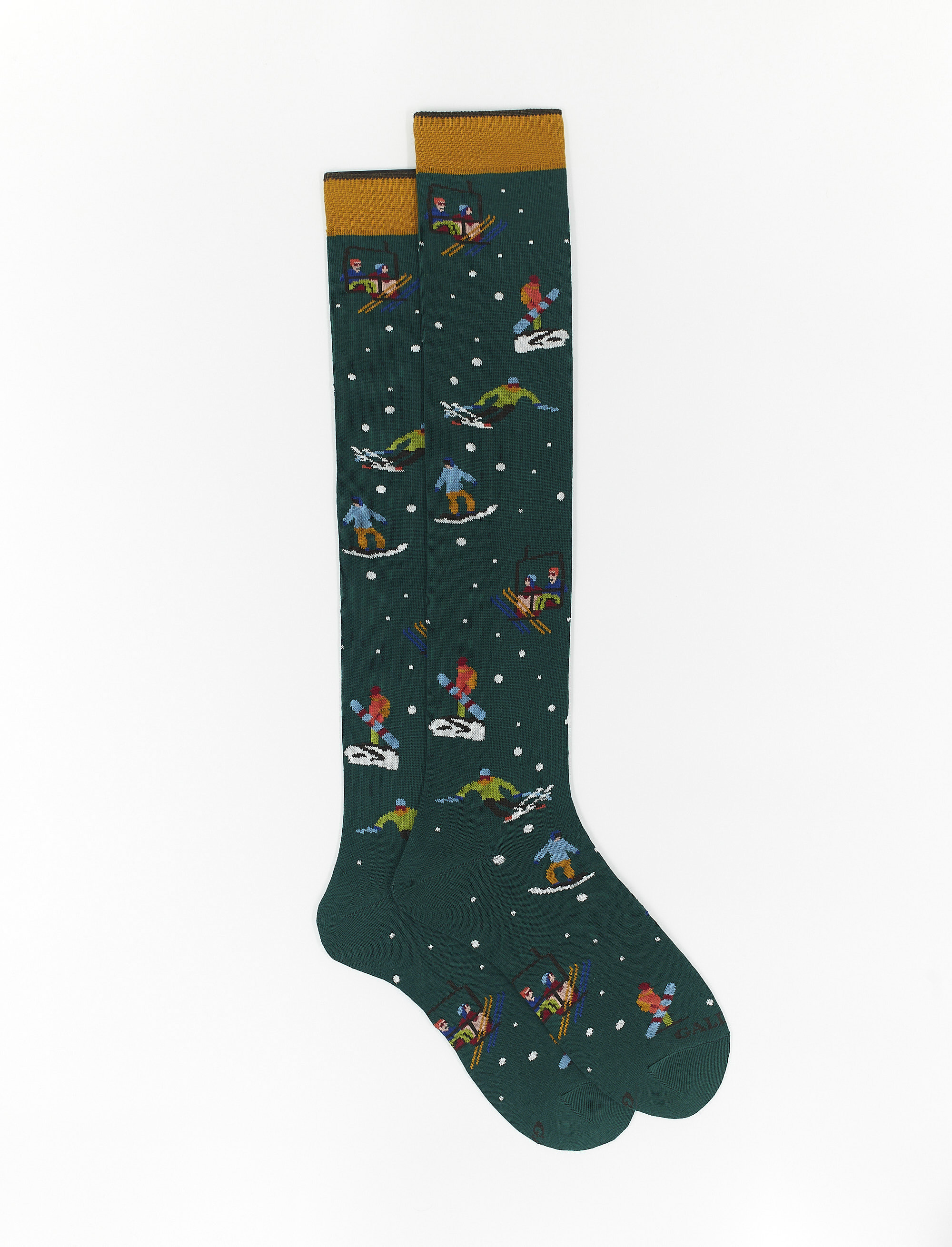 Women's eucalyptus green long cotton socks with skier motif - The FW Edition | Gallo 1927 - Official Online Shop