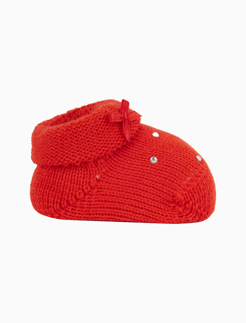 Kids' plain red wool booty socks with rhinestones and bow - Booties | Gallo 1927 - Official Online Shop