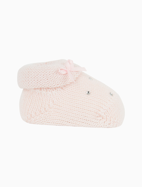 Kids' plain light pink wool booty socks with rhinestones and bow - Booties | Gallo 1927 - Official Online Shop