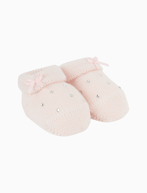 Kids' plain light pink wool booty socks with rhinestones and bow - Kid | Gallo 1927 - Official Online Shop