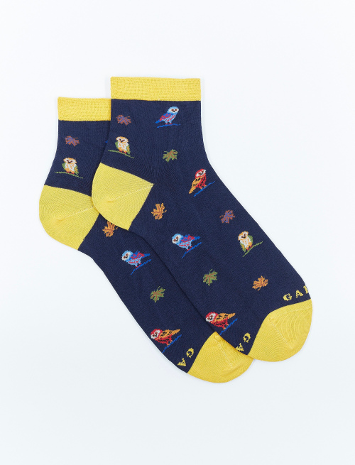 Women's short ocean blue light cotton socks with owl motif - Super short | Gallo 1927 - Official Online Shop