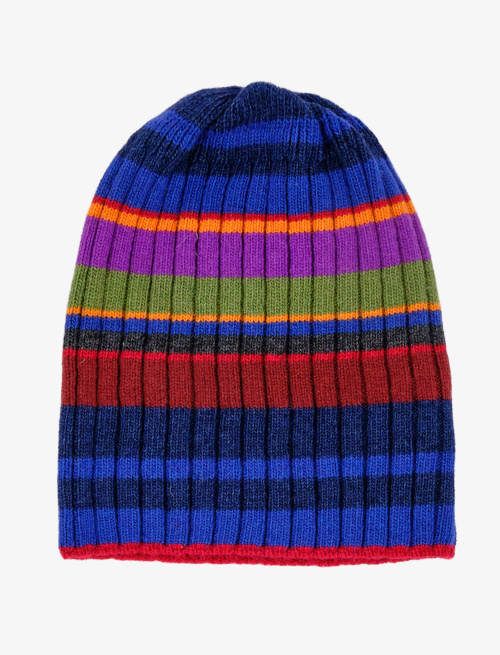 Unisex royal blue wool, viscose and cashmere beanie with multicoloured stripes - Gift ideas | Gallo 1927 - Official Online Shop
