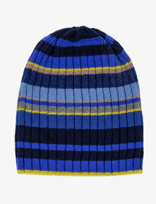 Unisex blue wool, viscose and cashmere beanie with multicoloured stripes - Gift ideas | Gallo 1927 - Official Online Shop