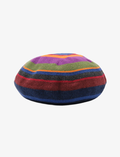 Women's royal blue wool, viscose and cashmere beret with multicoloured stripes - Hats | Gallo 1927 - Official Online Shop