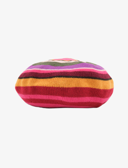 Women's carmine wool, viscose and cashmere beret with multicoloured stripes - Hats | Gallo 1927 - Official Online Shop