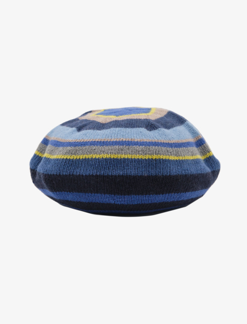 Women's blue wool, viscose and cashmere beret with multicoloured stripes - Hats | Gallo 1927 - Official Online Shop